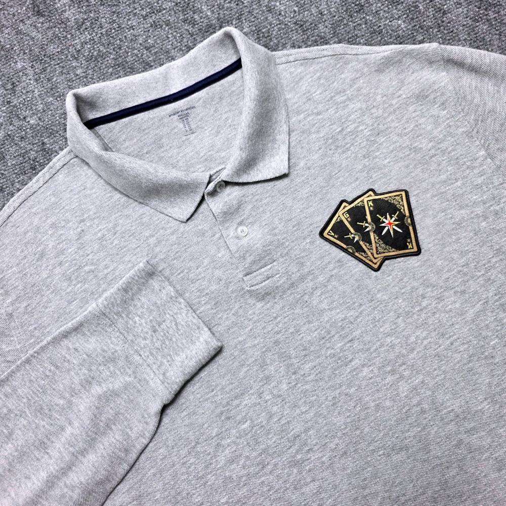 Amazon Essentials Men's XXL Gray Long Sleeve Polo Vegas Golden Knights VGK Patch